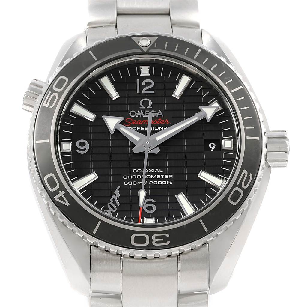 The image shows a front view of the Omega Planet Ocean 232.30.42.21.01.004 Men's Stainless Steel Black Dial 232.30.42.21.01.004 Men's Stainless Steel Black Dial watch, highlighting its dial, bezel, and bracelet.