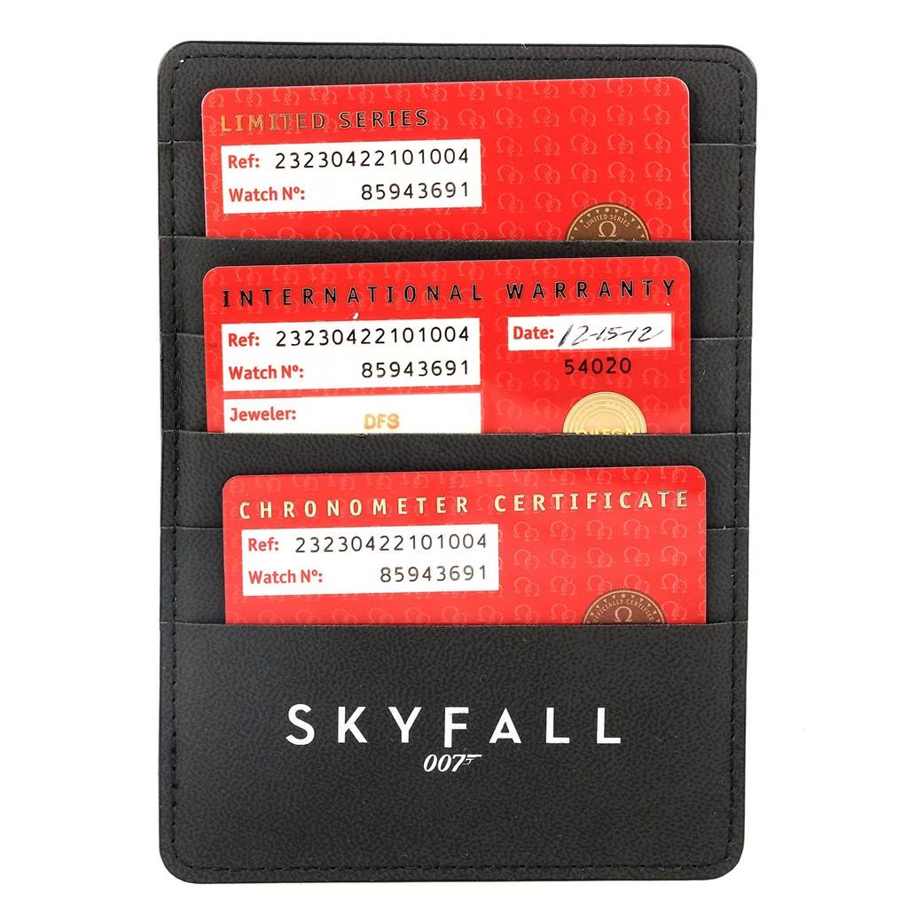 The image shows identification and warranty cards for the Omega Planet Ocean 232.30.42.21.01.004 Men's Stainless Steel Black Dial 232.30.42.21.01.004 Men's Stainless Steel Black Dial watch in a holder.