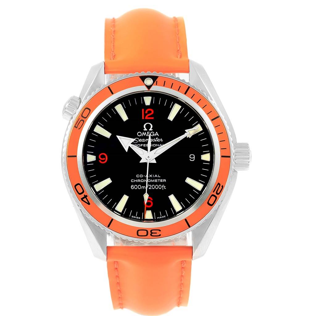 The image shows a front view of the Omega Planet Ocean 2909.50.83 Men
s Stainless Steel Black Dial 2909.50.83 Men
s Stainless Steel Black Dial watch, featuring an orange strap and bezel with a black dial.