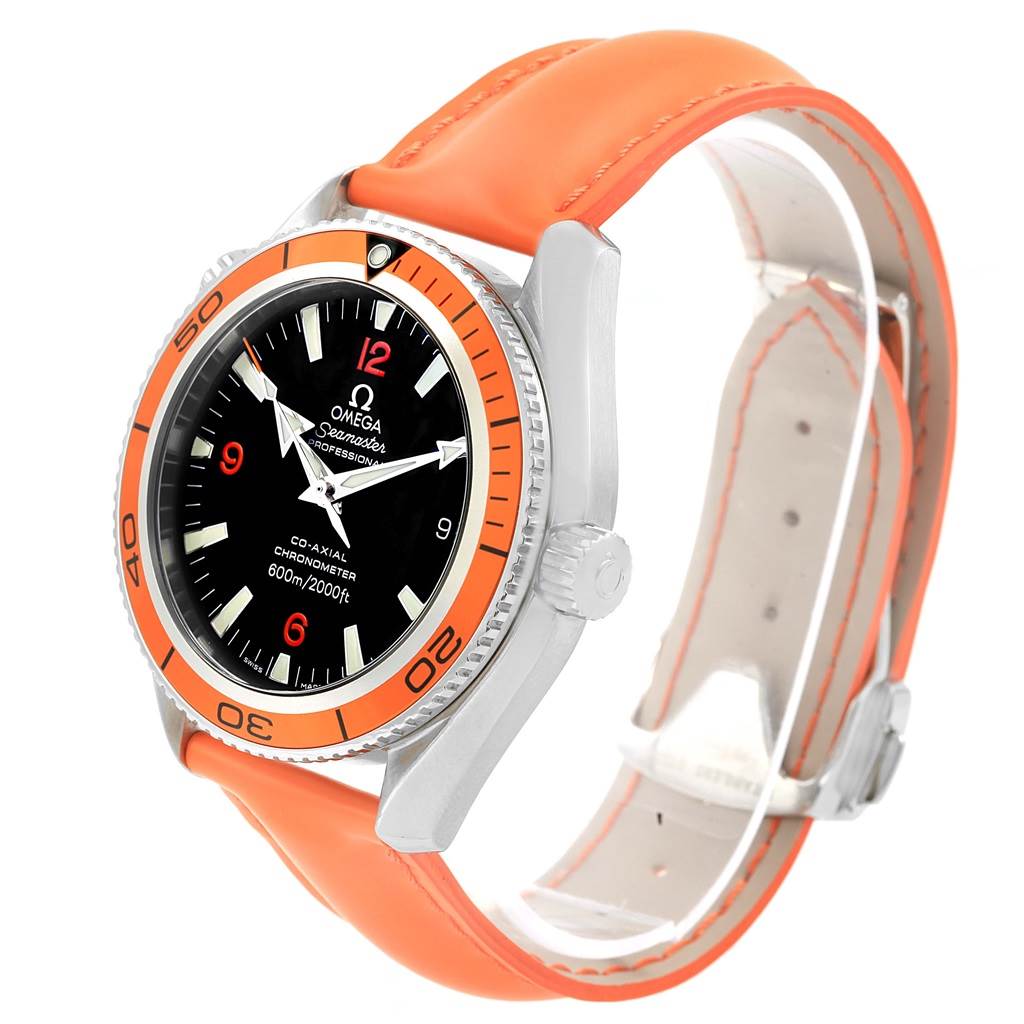 The image shows the Omega Planet Ocean 2909.50.83 Men
s Stainless Steel Black Dial 2909.50.83 Men
s Stainless Steel Black Dial watch angled to display its face, bezel, crown, and orange leather strap.