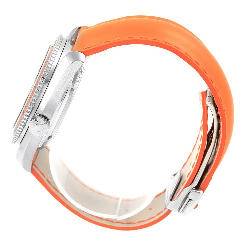 The image shows a side view of the Omega Planet Ocean 2909.50.83 Men
s Stainless Steel Black Dial 2909.50.83 Men
s Stainless Steel Black Dial watch, highlighting its orange strap and stainless steel case with crown and bezel.