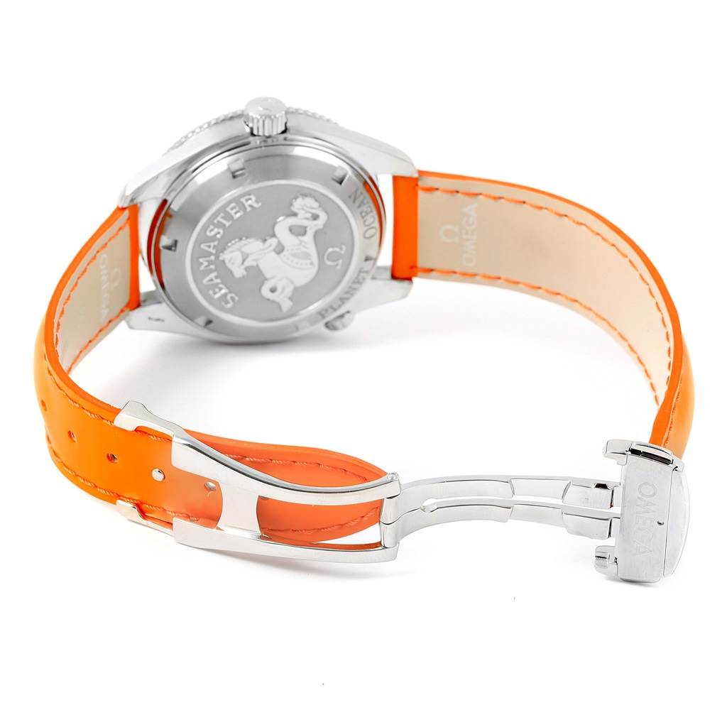 The image shows the back view of an Omega Planet Ocean 2909.50.83 Men
s Stainless Steel Black Dial 2909.50.83 Men
s Stainless Steel Black Dial watch, highlighting the case back and orange strap with a clasp.