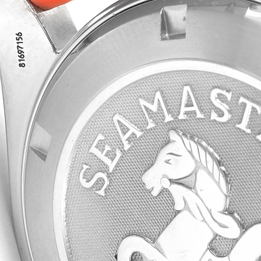 This image shows a close-up angle of the case back of an Omega Planet Ocean 2909.50.83 Men
s Stainless Steel Black Dial 2909.50.83 Men
s Stainless Steel Black Dial Seamaster watch.