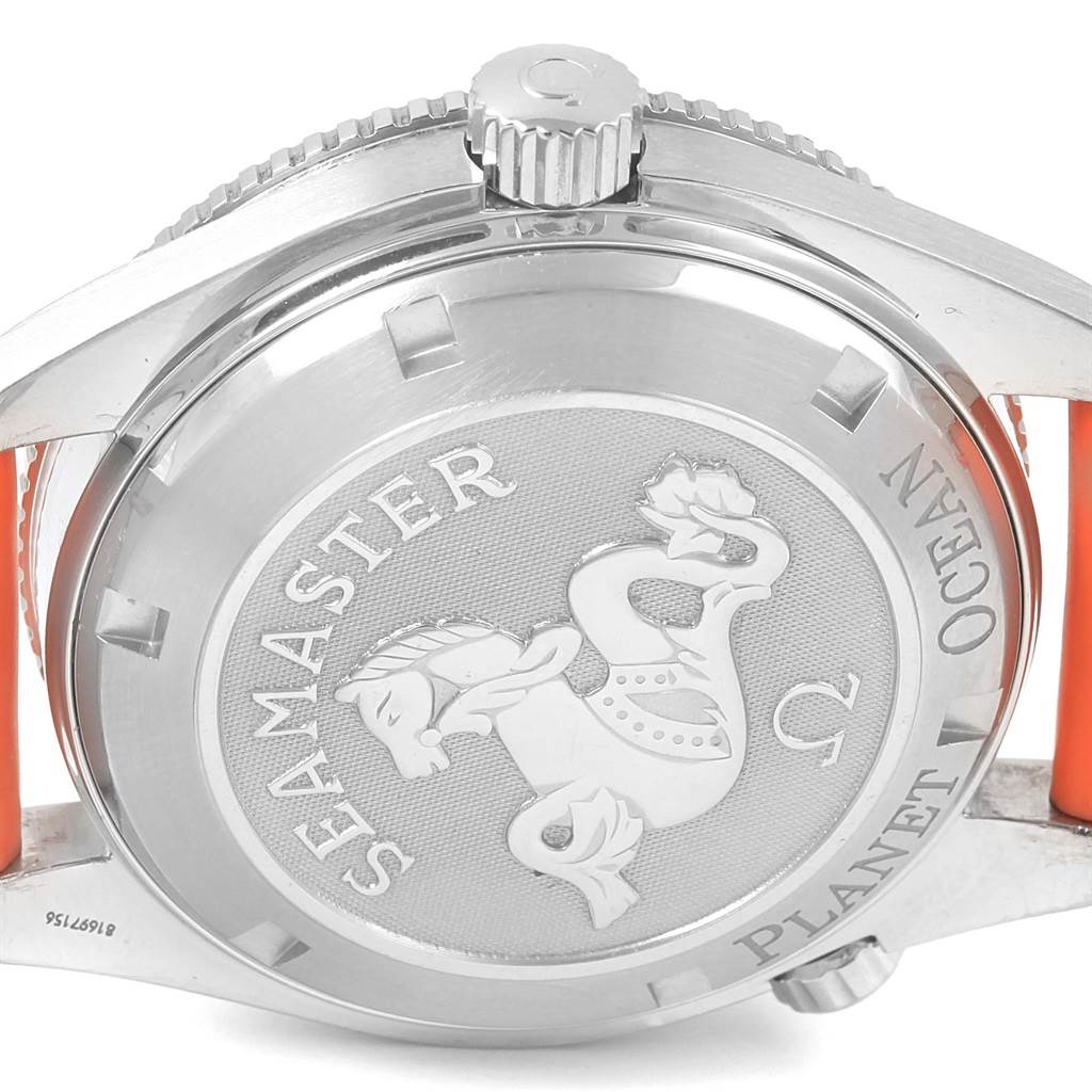 The image shows the back case and crown of the Omega Planet Ocean 2909.50.83 Men
s Stainless Steel Black Dial 2909.50.83 Men
s Stainless Steel Black Dial model watch.