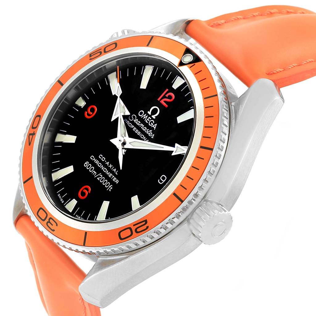 The Omega Planet Ocean 2909.50.83 Men
s Stainless Steel Black Dial 2909.50.83 Men
s Stainless Steel Black Dial watch is shown at an angle highlighting its face, bezel, crown, and orange strap.