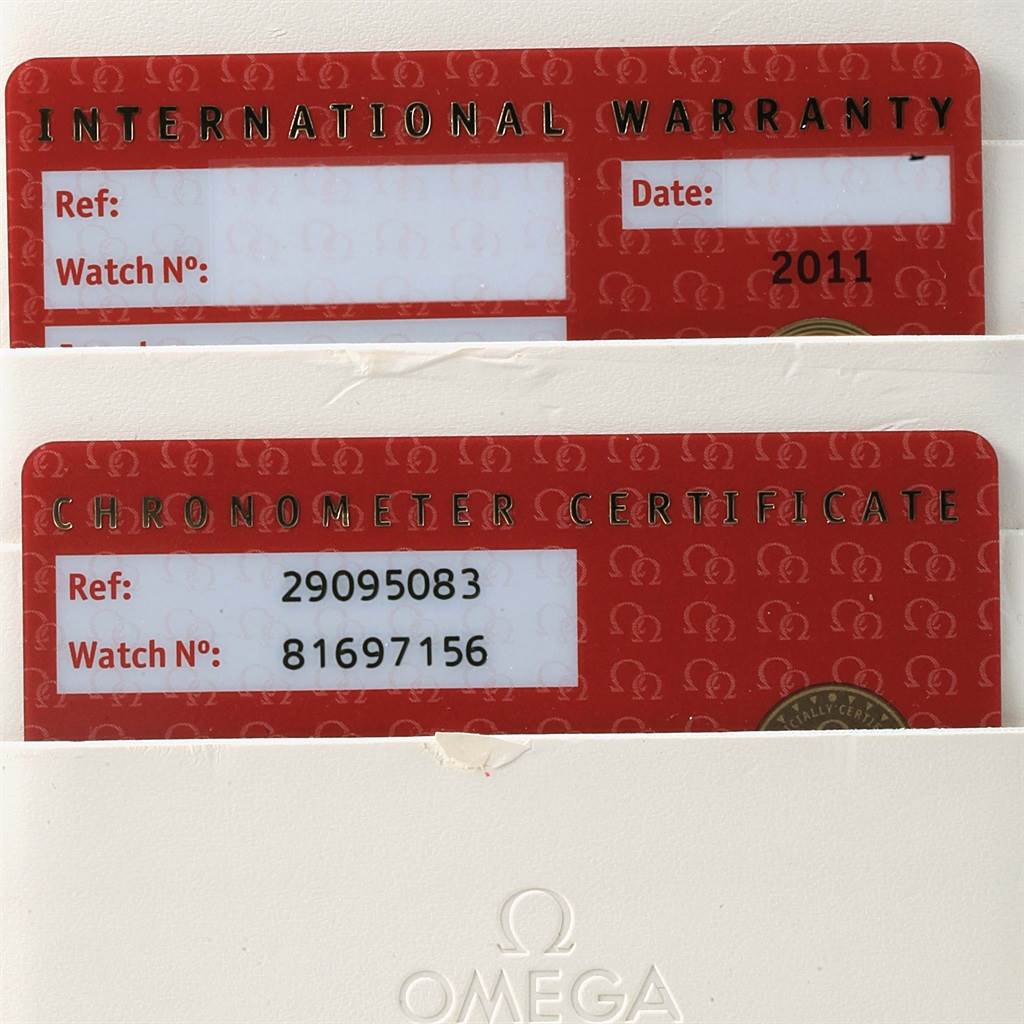 The image shows warranty and chronometer certificate cards for the Omega Planet Ocean 2909.50.83 Men
s Stainless Steel Black Dial 2909.50.83 Men
s Stainless Steel Black Dial watch model.