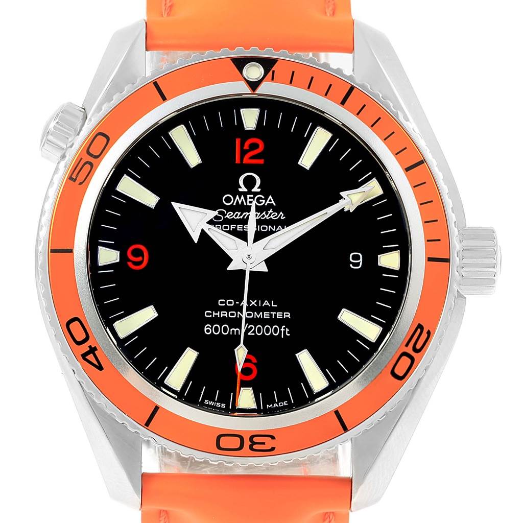 The image shows a front view of the Omega Planet Ocean 2909.50.83 Men
s Stainless Steel Black Dial 2909.50.83 Men
s Stainless Steel Black Dial watch, highlighting its bezel, dial, hands, and an orange strap.