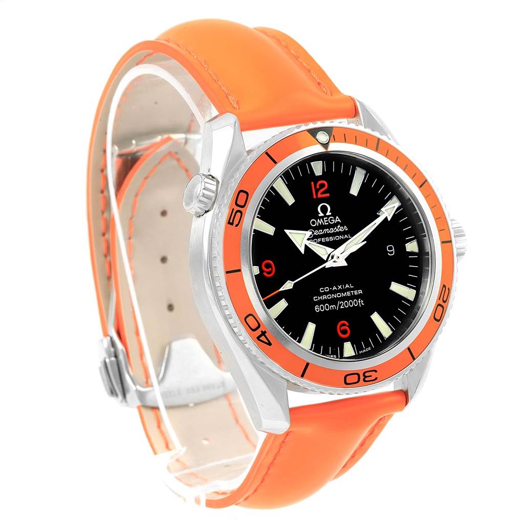 The image shows an Omega Planet Ocean 2909.50.83 Men
s Stainless Steel Black Dial 2909.50.83 Men
s Stainless Steel Black Dial watch at a three-quarter angle, highlighting its orange bezel and strap.