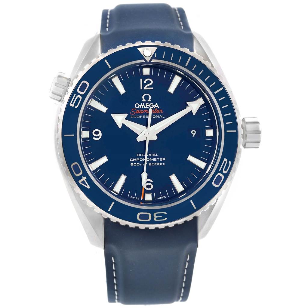 The image shows a front view of the Omega Planet Ocean 232.92.42.21.03.001 Men's Titanium Blue Dial 232.92.42.21.03.001 Men's Titanium Blue Dial watch, highlighting the blue dial, bezel, and strap.