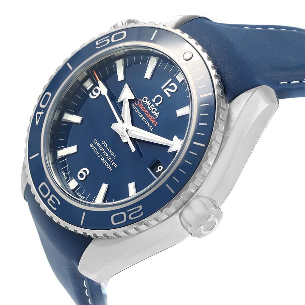 The image shows the side view of the Omega Planet Ocean 232.92.42.21.03.001 Men's Titanium Blue Dial 232.92.42.21.03.001 Men's Titanium Blue Dial watch, highlighting its blue dial, bezel, and strap with visible crown and lugs.