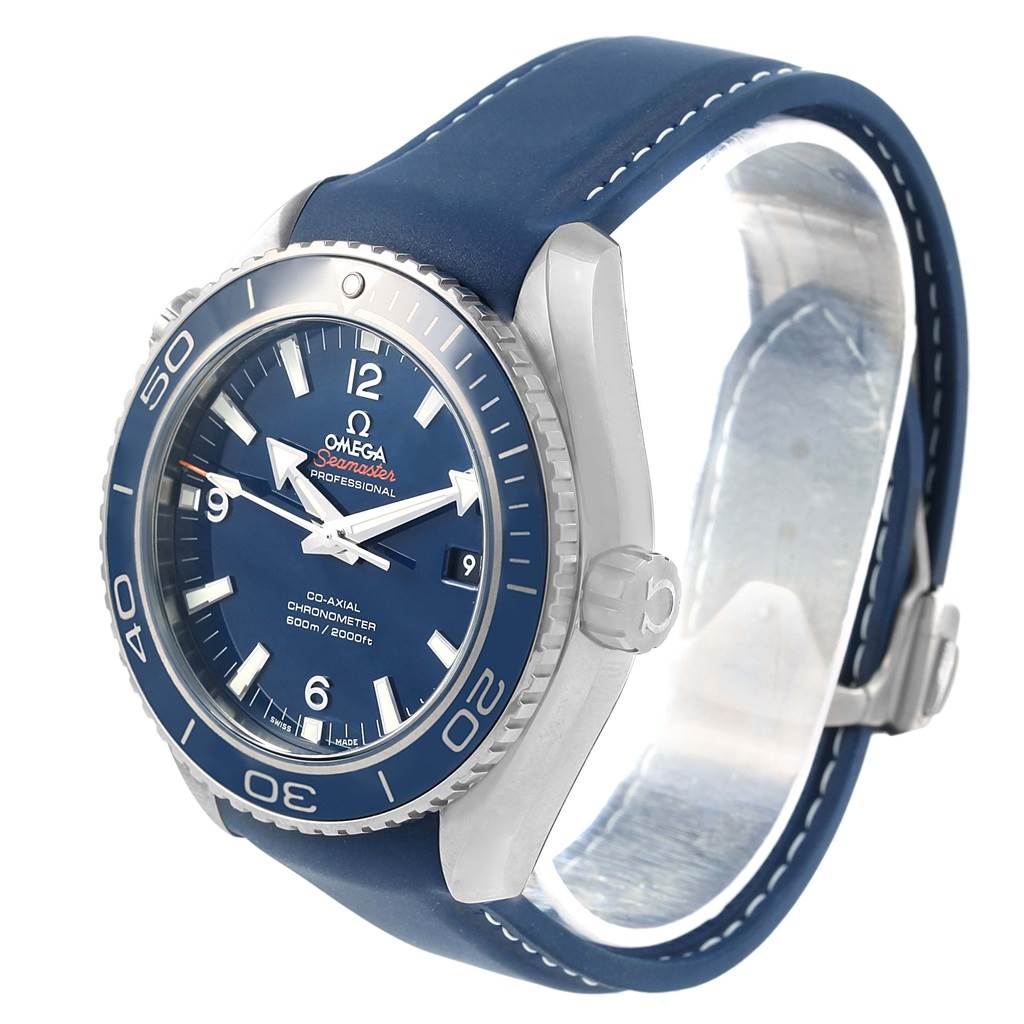 The Omega Planet Ocean 232.92.42.21.03.001 Men's Titanium Blue Dial 232.92.42.21.03.001 Men's Titanium Blue Dial watch is shown from a slight right side angle, displaying the blue dial, bezel, crown, and blue strap.