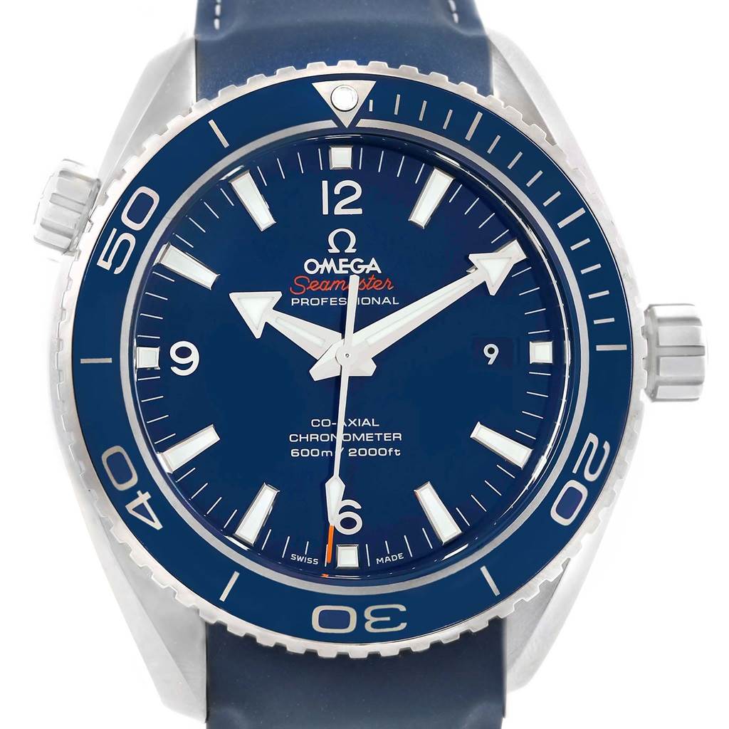 The image shows a front view of an Omega Planet Ocean 232.92.42.21.03.001 Men's Titanium Blue Dial 232.92.42.21.03.001 Men's Titanium Blue Dial watch, showcasing its dial, bezel, and part of the strap.