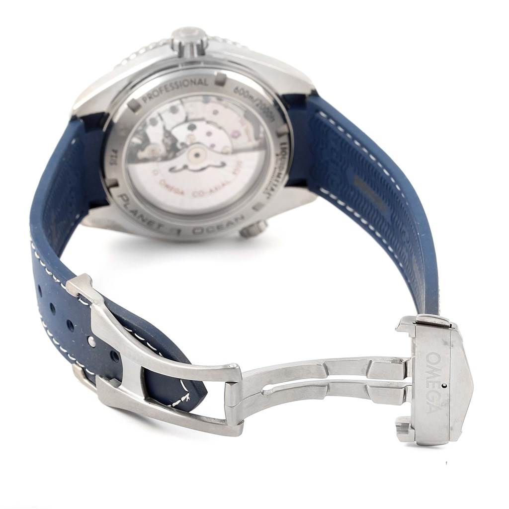The Omega Planet Ocean 232.92.42.21.03.001 Men's Titanium Blue Dial 232.92.42.21.03.001 Men's Titanium Blue Dial watch is shown from the back angle, highlighting the case back, movement, and partially opened blue strap and clasp.