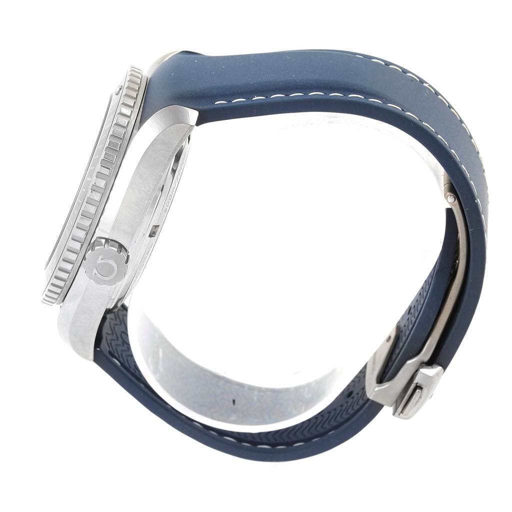 This side view image of the Omega Planet Ocean 232.92.42.21.03.001 Men's Titanium Blue Dial 232.92.42.21.03.001 Men's Titanium Blue Dial watch showcases its case, bezel, crown, and rubber strap with a buckle.