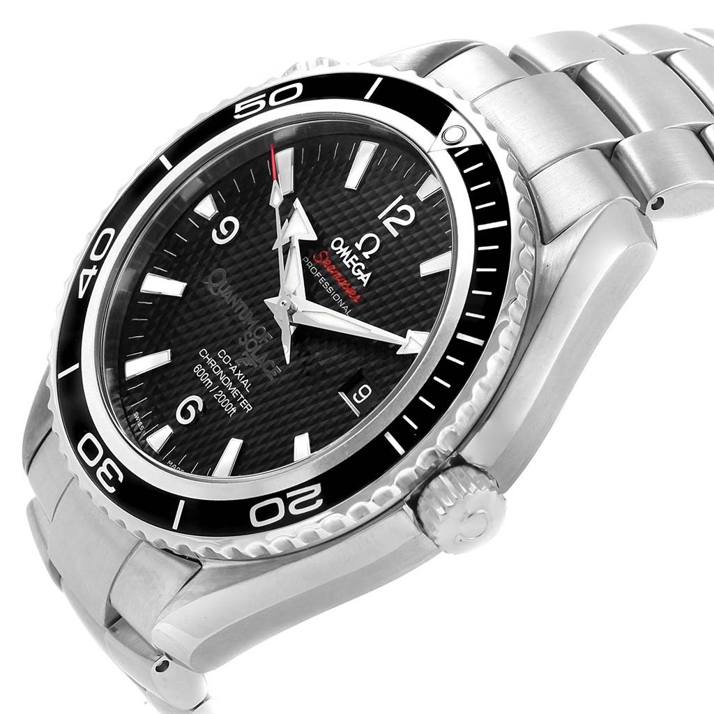 The Omega Planet Ocean 222.30.46.20.01.001 Men's Stainless Steel Black Dial 222.30.46.20.01.001 Men's Stainless Steel Black Dial watch is shown at an oblique angle, highlighting its bezel, dial, crown, and part of the bracelet.