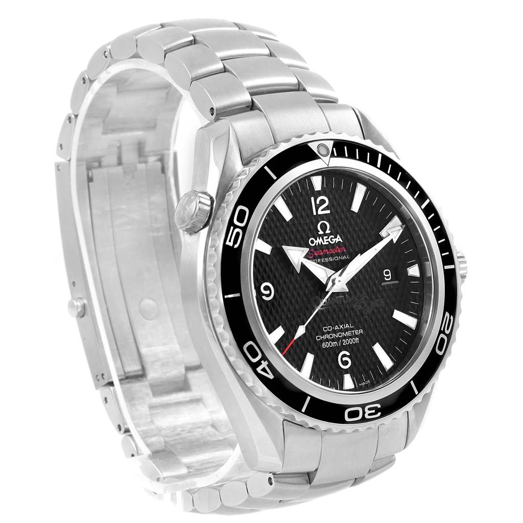 The image shows an Omega Planet Ocean 222.30.46.20.01.001 Men's Stainless Steel Black Dial 222.30.46.20.01.001 Men's Stainless Steel Black Dial watch viewed from an angled side, displaying the bracelet, watch face, and bezel.