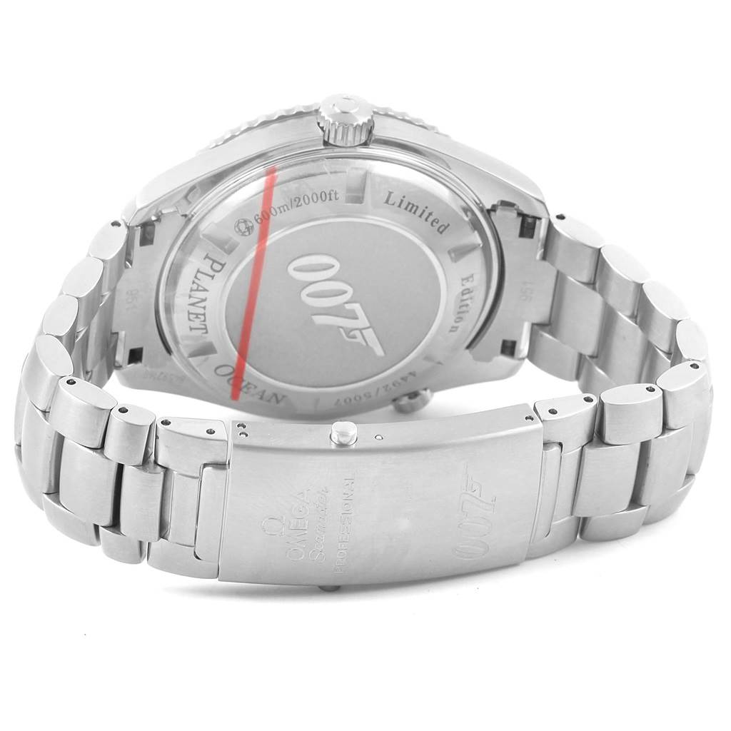 This image shows the back case and bracelet of an Omega Planet Ocean 222.30.46.20.01.001 Men's Stainless Steel Black Dial 222.30.46.20.01.001 Men's Stainless Steel Black Dial model watch at an angled view.