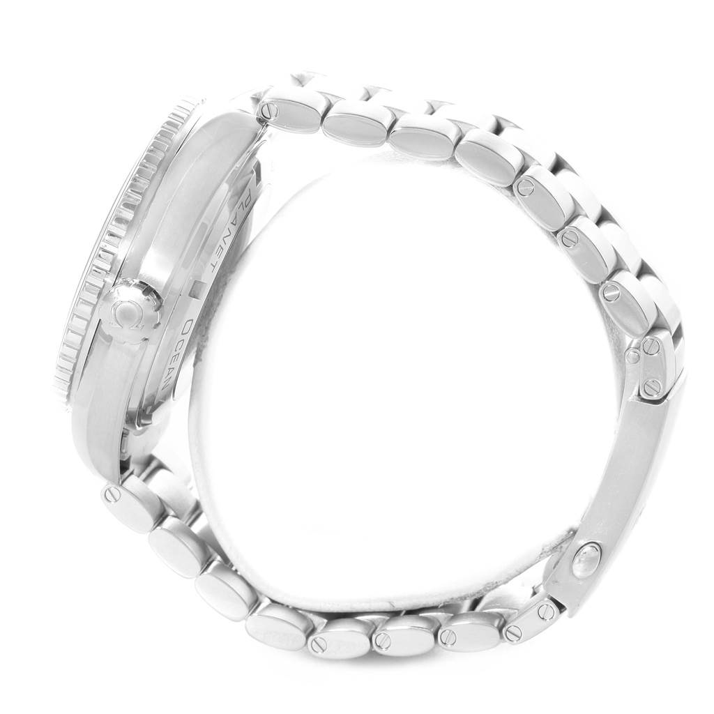 This image shows a side view of the Omega Planet Ocean 232.30.46.21.01.003 Men
s Stainless Steel Black Dial 232.30.46.21.01.003 Men
s Stainless Steel Black Dial watch, highlighting the crown, case, and metal bracelet.