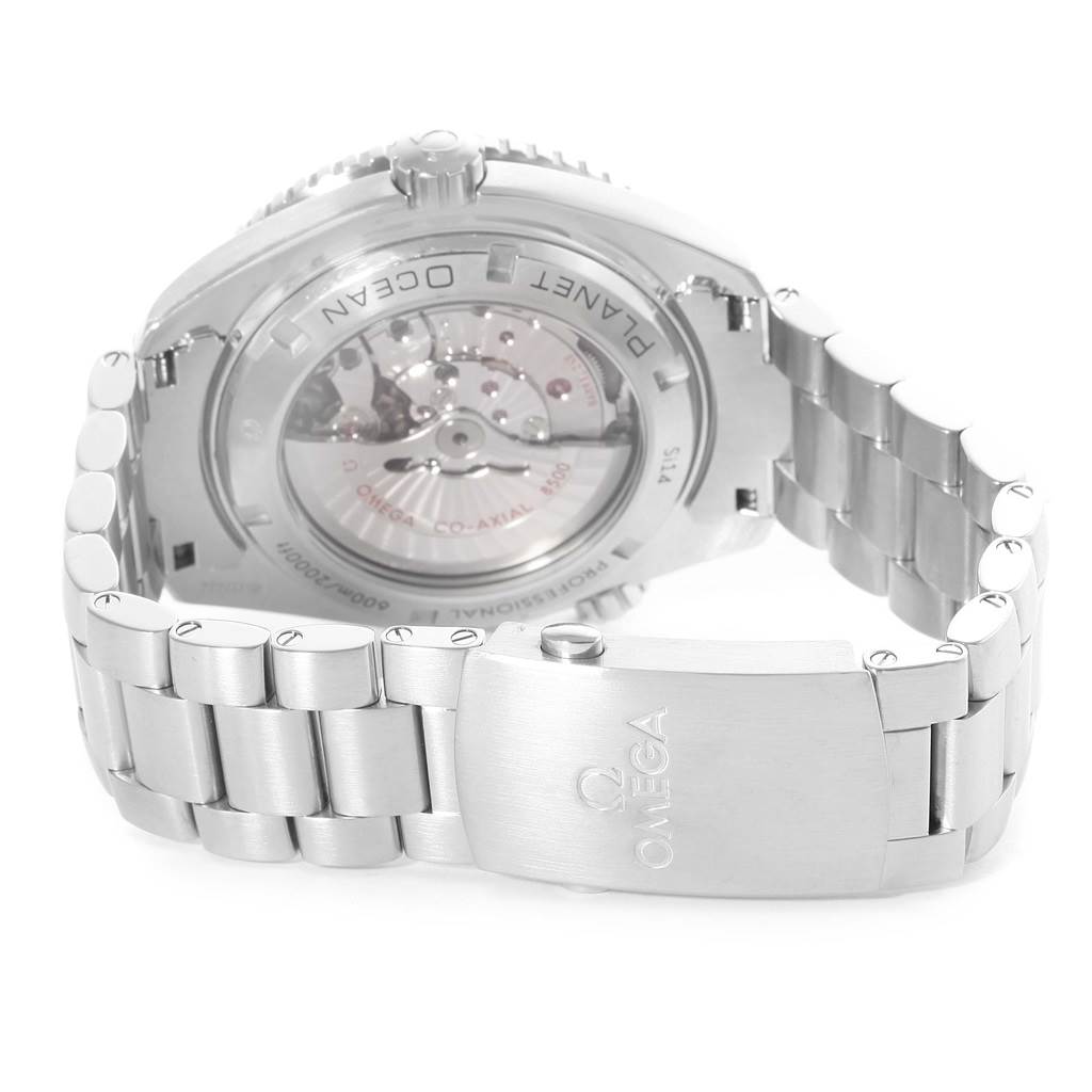 The image shows the back view of an Omega Planet Ocean 232.30.46.21.01.003 Men
s Stainless Steel Black Dial 232.30.46.21.01.003 Men
s Stainless Steel Black Dial watch, highlighting the case back, bracelet, and clasp.