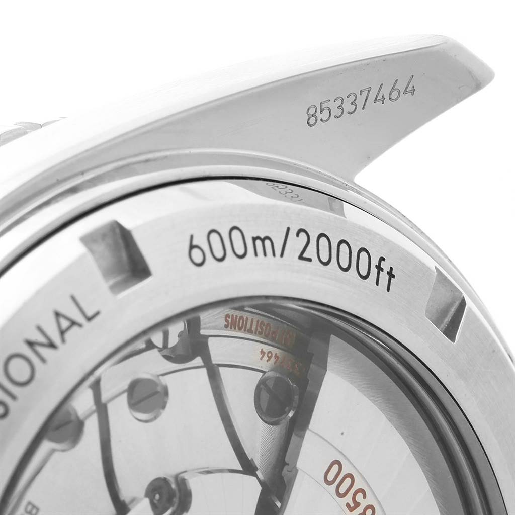 The image shows a close-up of the Omega Planet Ocean 232.30.46.21.01.003 Men
s Stainless Steel Black Dial 232.30.46.21.01.003 Men
s Stainless Steel Black Dial watch
s back, highlighting its water resistance and serial number.