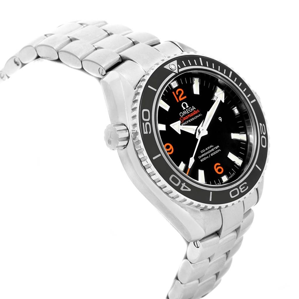 The image shows an angled view of the Omega Planet Ocean 232.30.46.21.01.003 Men
s Stainless Steel Black Dial 232.30.46.21.01.003 Men
s Stainless Steel Black Dial watch, highlighting the bezel, dial, crown, and bracelet.