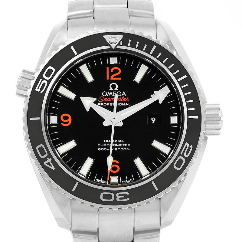 The image shows a front view of the Omega Planet Ocean watch, highlighting its face, bezel, and stainless steel bracelet.