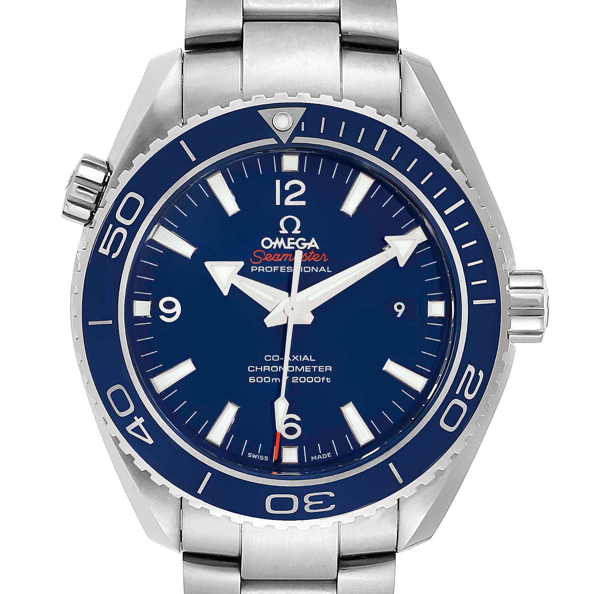 The image shows a front view of the Omega Planet Ocean 232.90.46.21.03.001 Men's Titanium Blue Dial 232.90.46.21.03.001 Men's Titanium Blue Dial Seamaster watch, displaying the dial, bezel, and bracelet.