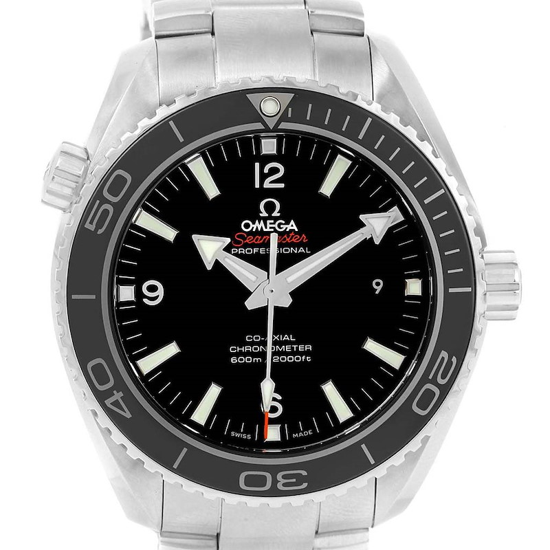 The image shows a front view of the Omega Planet Ocean Seamaster wristwatch, displaying its dial, bezel, hands, and part of the bracelet.