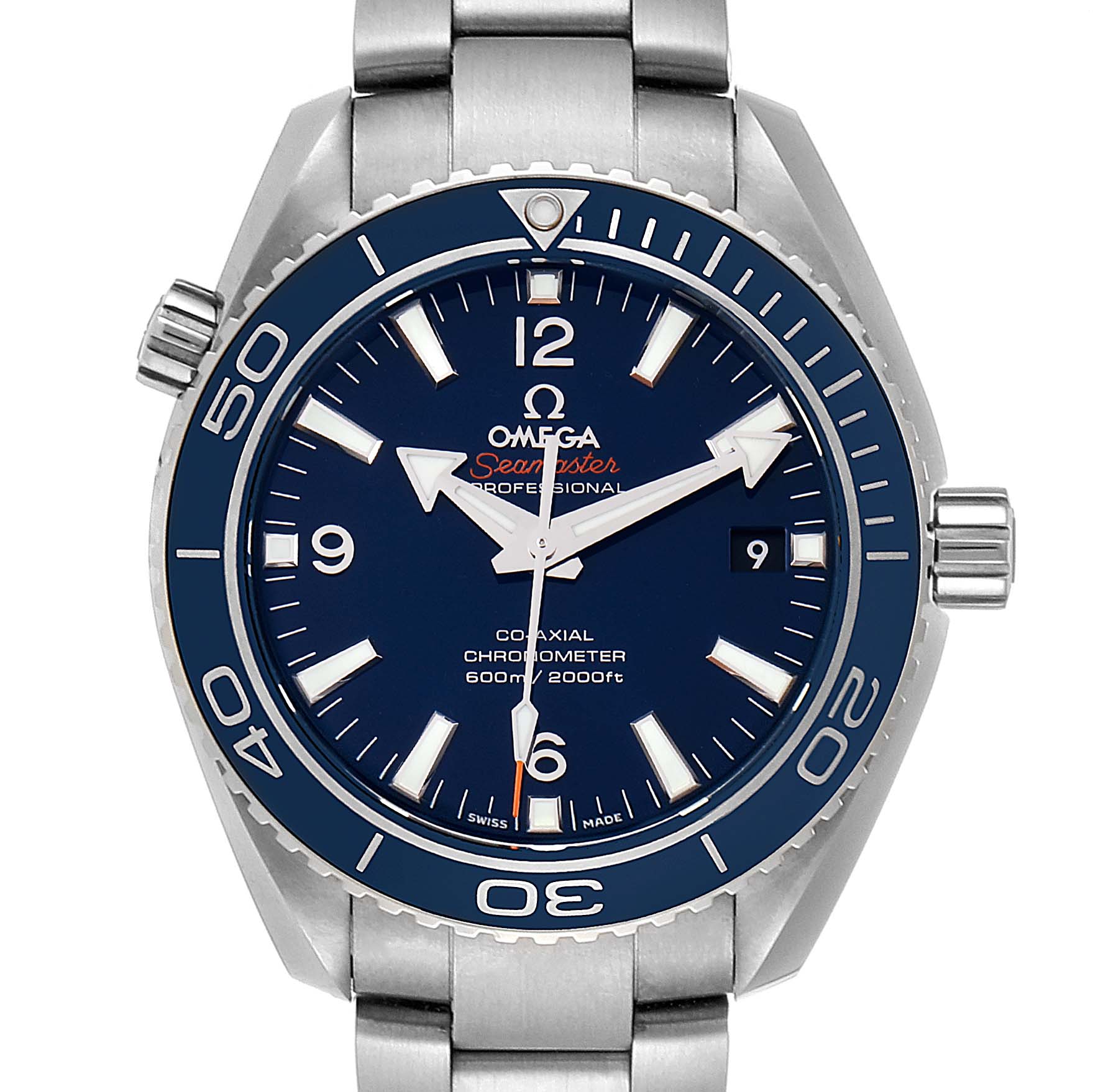 The image shows a front view of the Omega Planet Ocean 232.90.42.21.03.001 Men's Titanium Blue Dial 232.90.42.21.03.001 Men's Titanium Blue Dial watch, displaying its dial, bezel, and part of its bracelet.