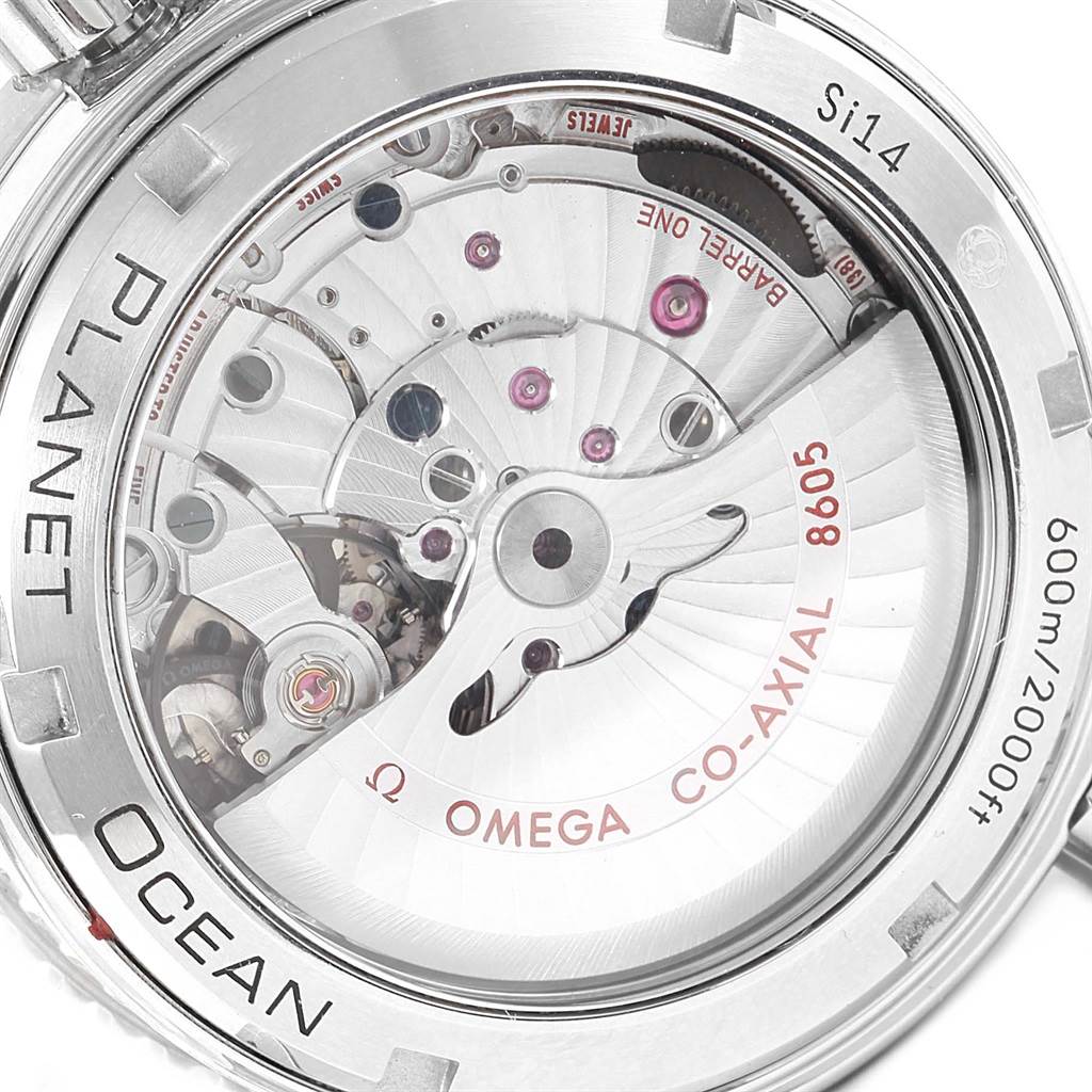 The image shows the back of the Omega Planet Ocean 232.32.44.22.01.001 Men's Stainless Steel Black Dial 232.32.44.22.01.001 Men's Stainless Steel Black Dial watch, revealing its intricate 8605 Co-Axial movement mechanism.