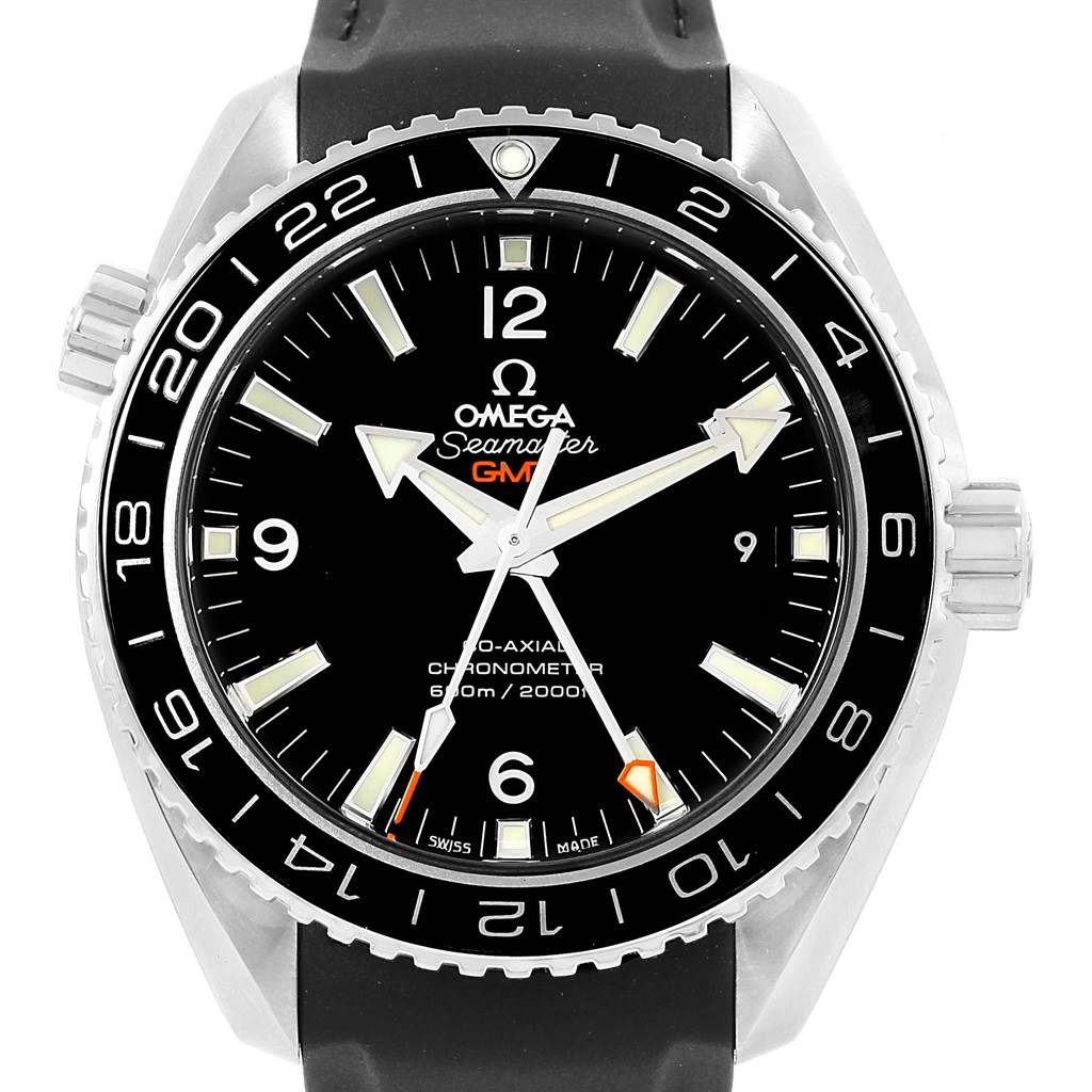 This image shows the front view of an Omega Seamaster Planet Ocean GMT watch, highlighting its dial and bezel.
