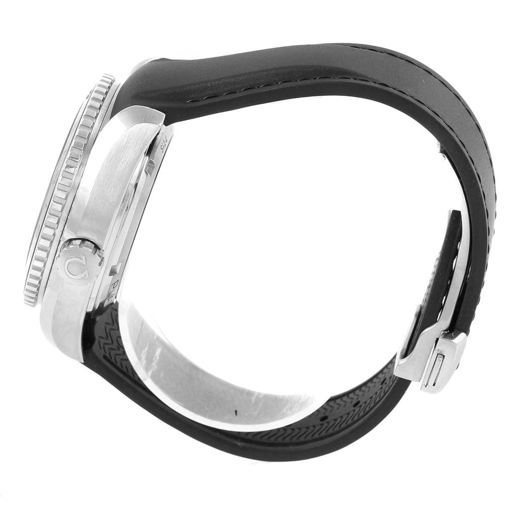 The image shows a side profile of an Omega Planet Ocean 232.32.44.22.01.001 Men's Stainless Steel Black Dial 232.32.44.22.01.001 Men's Stainless Steel Black Dial watch, highlighting the bezel, crown, and strap.