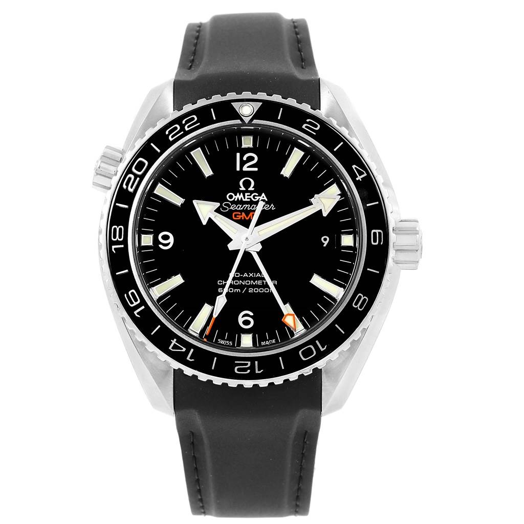 The image shows a front view of the Omega Planet Ocean 232.32.44.22.01.001 Men's Stainless Steel Black Dial 232.32.44.22.01.001 Men's Stainless Steel Black Dial watch, highlighting its dial, bezel, crown, and rubber strap.