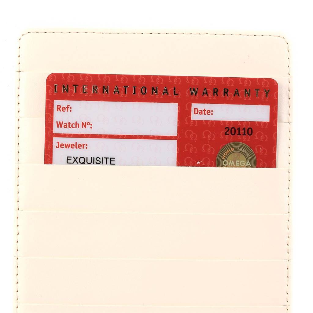 The image shows the international warranty card for the Omega Planet Ocean 232.32.44.22.01.001 Men's Stainless Steel Black Dial 232.32.44.22.01.001 Men's Stainless Steel Black Dial watch, partially inside a holder.