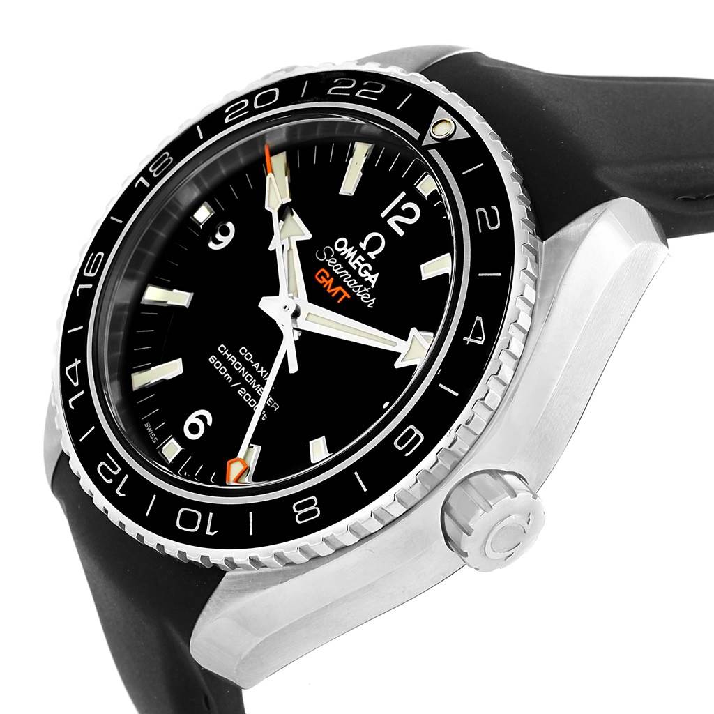 The image shows an angled side view of the Omega Planet Ocean 232.32.44.22.01.001 Men's Stainless Steel Black Dial 232.32.44.22.01.001 Men's Stainless Steel Black Dial GMT watch, highlighting the bezel, dial, and crown.