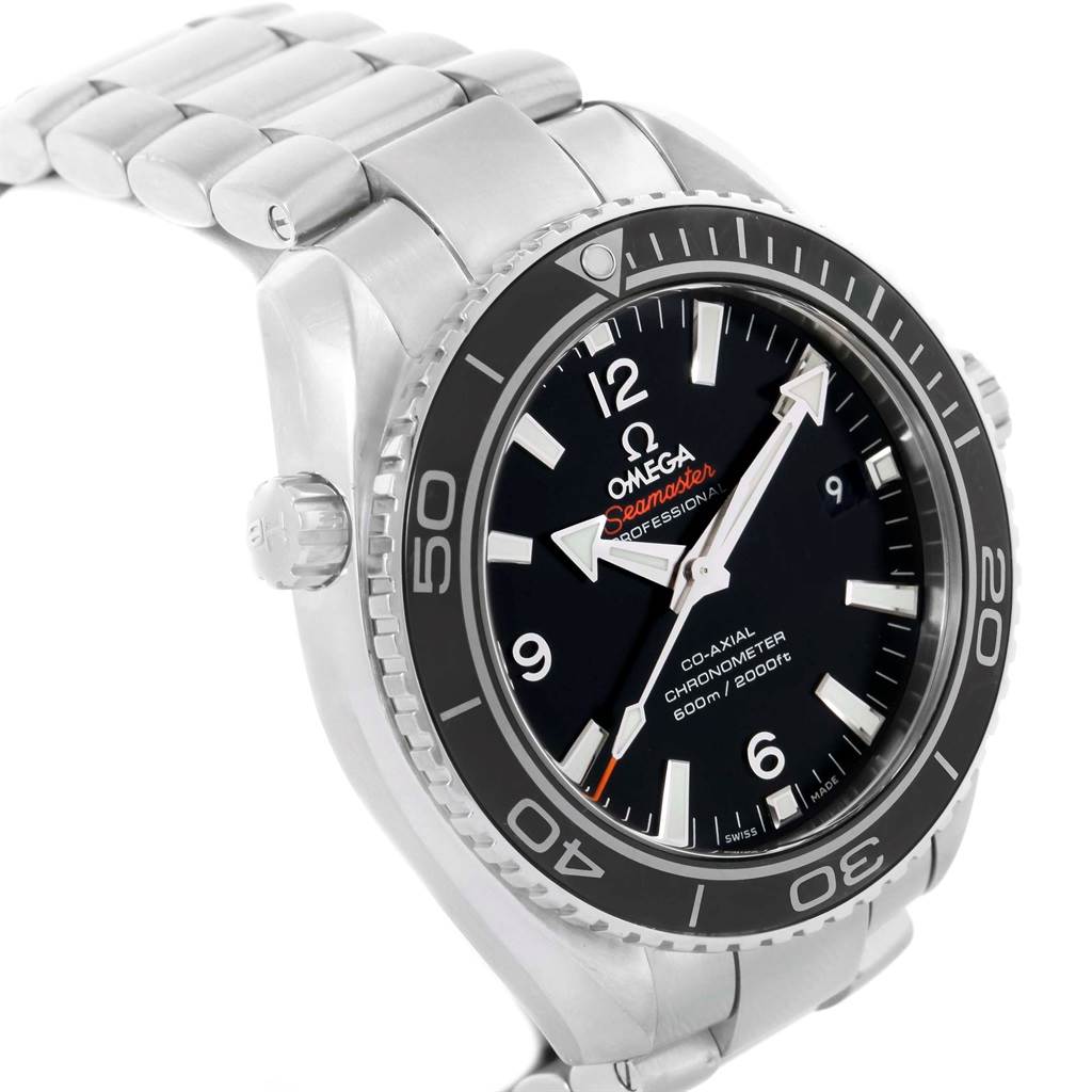 The image shows a Planet Ocean model by Omega in a close-up angle displaying the face, bezel, crown, and part of the bracelet.