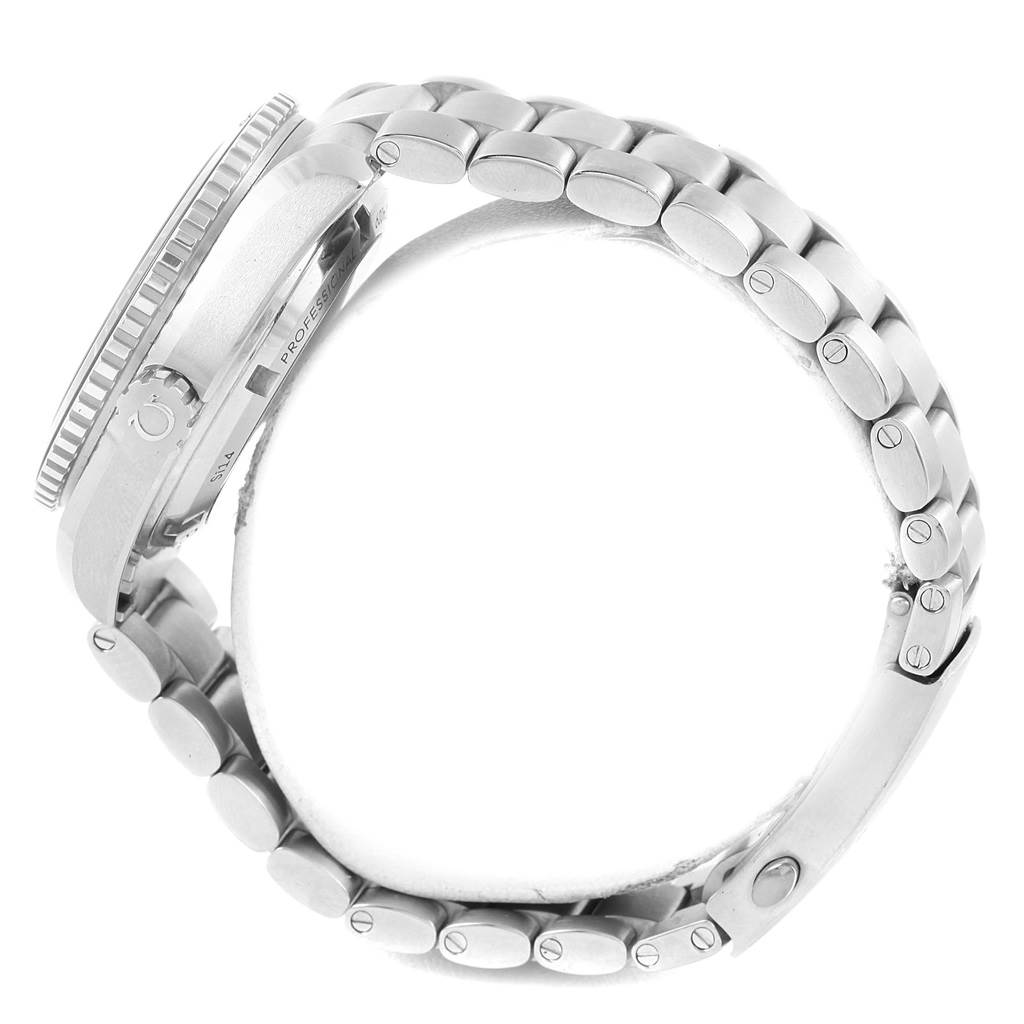 The image shows a side view of an Omega Planet Ocean 232.30.42.21.01.001 Men's Stainless Steel Black Dial 232.30.42.21.01.001 Men's Stainless Steel Black Dial watch, highlighting its bezel, crown, and metal bracelet.