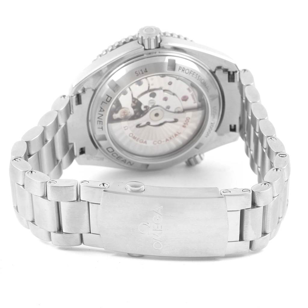 The image shows the back view of the Omega Planet Ocean 232.30.42.21.01.001 Men's Stainless Steel Black Dial 232.30.42.21.01.001 Men's Stainless Steel Black Dial watch, highlighting the caseback and bracelet clasp.