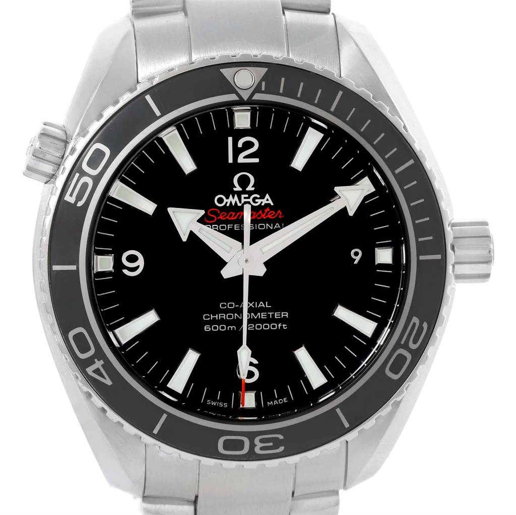 This image shows a front view of an Omega Seamaster Planet Ocean watch, focusing on its dial, bezel, and stainless steel band.