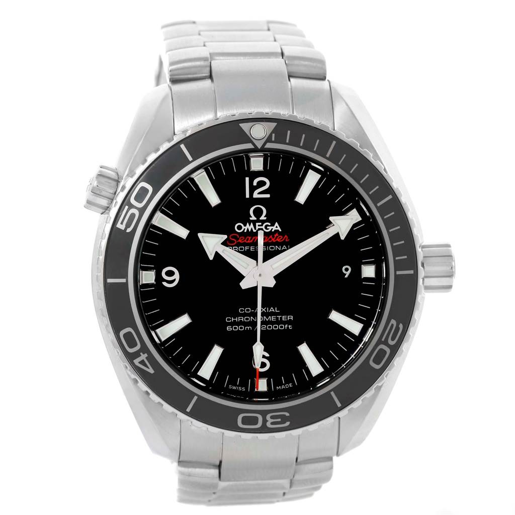 The image shows a front view of the Omega Planet Ocean 232.30.42.21.01.001 Men's Stainless Steel Black Dial 232.30.42.21.01.001 Men's Stainless Steel Black Dial Seamaster watch, highlighting its bezel, dial, hands, and bracelet.