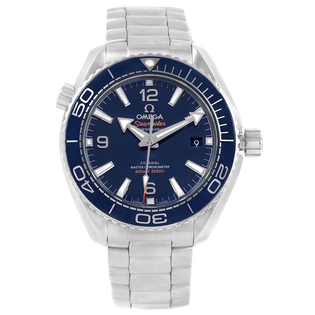The Omega Planet Ocean 215.30.40.20.03.001 Men's Stainless Steel Blue Dial 215.30.40.20.03.001 Men's Stainless Steel Blue Dial watch is shown from a front angle, displaying the face, bezel, crown, and bracelet.