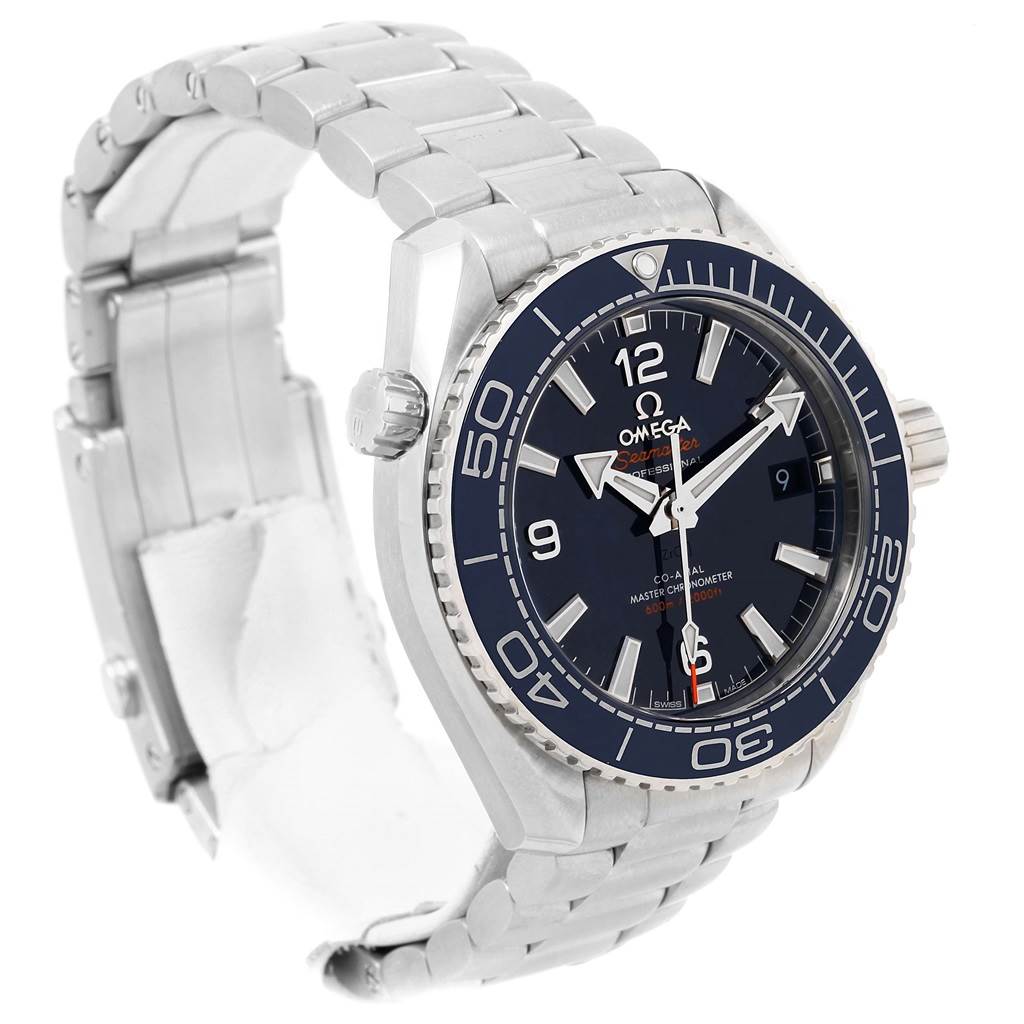 The image shows an angled view of the Omega Planet Ocean 215.30.40.20.03.001 Men's Stainless Steel Blue Dial 215.30.40.20.03.001 Men's Stainless Steel Blue Dial watch, highlighting the face, bezel, crown, and metal strap.