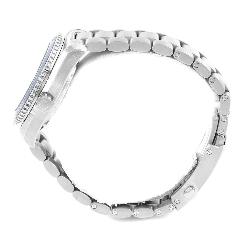 The image shows a side-view angle of an Omega Planet Ocean 215.30.40.20.03.001 Men's Stainless Steel Blue Dial 215.30.40.20.03.001 Men's Stainless Steel Blue Dial watch, highlighting the bezel, crown, and metal bracelet.