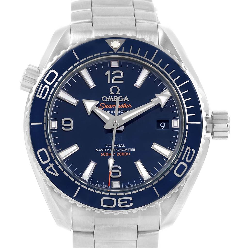 The image shows a head-on view of the Omega Planet Ocean 215.30.40.20.03.001 Men's Stainless Steel Blue Dial 215.30.40.20.03.001 Men's Stainless Steel Blue Dial watch, displaying the dial, bezel, crown, and part of the bracelet.