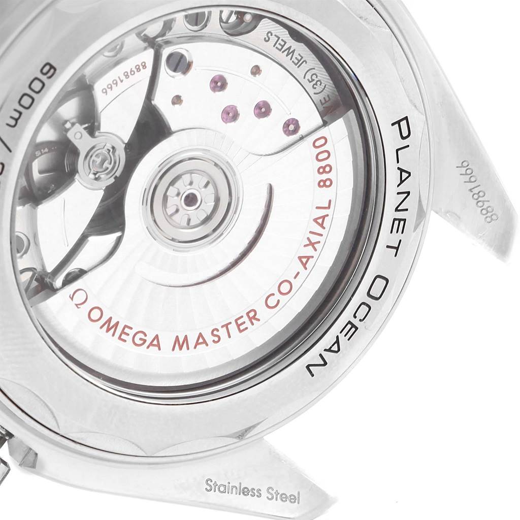 This image shows the case back and internal movement of the Omega Planet Ocean 215.30.40.20.03.001 Men's Stainless Steel Blue Dial 215.30.40.20.03.001 Men's Stainless Steel Blue Dial model, highlighting the Omega Master Co-Axial 8800 mechanism.