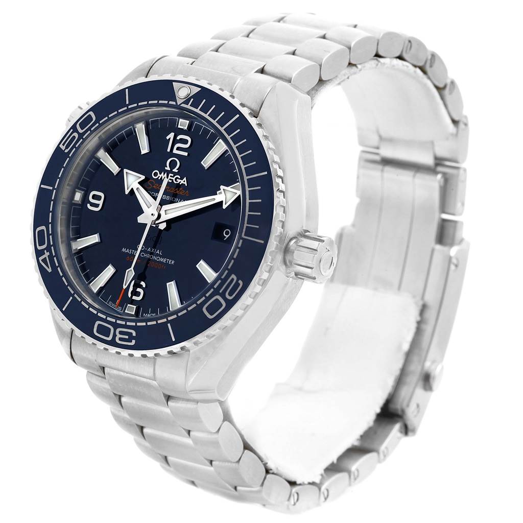 The Omega Planet Ocean 215.30.40.20.03.001 Men's Stainless Steel Blue Dial 215.30.40.20.03.001 Men's Stainless Steel Blue Dial watch is shown at a three-quarter angle, displaying its face, bezel, crown, and bracelet.