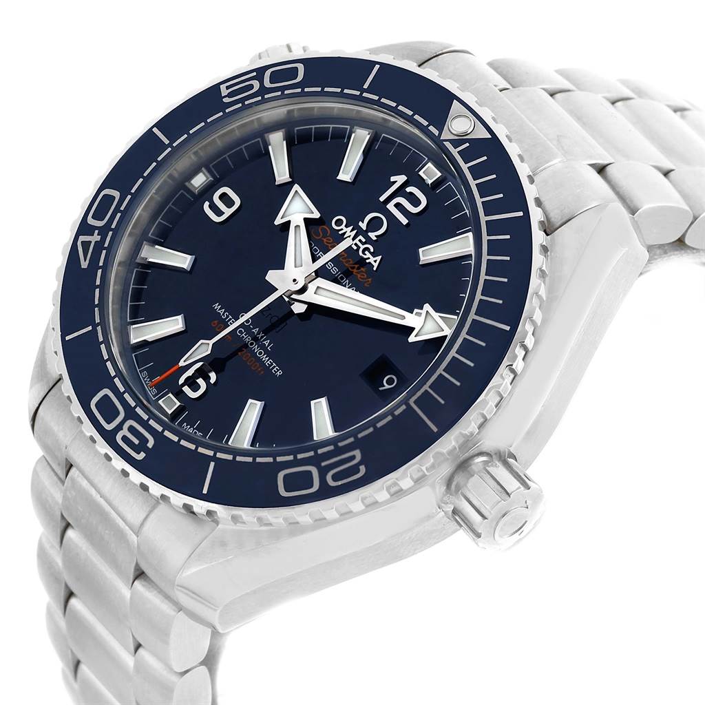 The Omega Planet Ocean 215.30.40.20.03.001 Men's Stainless Steel Blue Dial 215.30.40.20.03.001 Men's Stainless Steel Blue Dial watch is shown at an angle highlighting the face, bezel, crown, and stainless steel bracelet.
