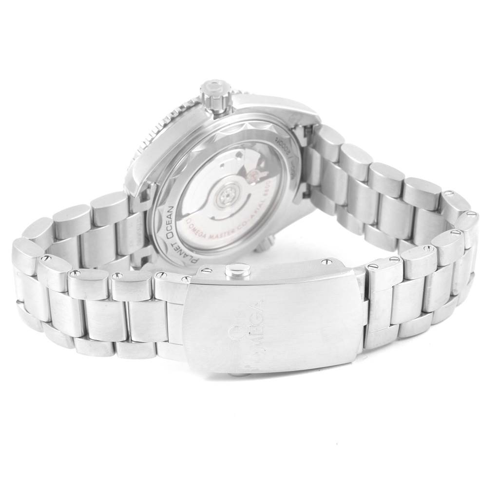 This image shows the back view of the Omega Planet Ocean 215.30.40.20.03.001 Men's Stainless Steel Blue Dial 215.30.40.20.03.001 Men's Stainless Steel Blue Dial watch, highlighting the clasp, bracelet, and transparent case back.