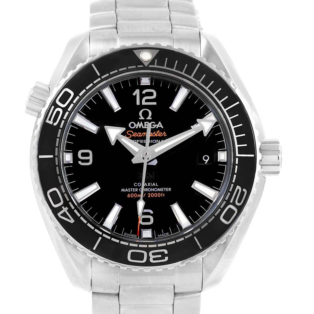 The image shows a front view of an Omega Planet Ocean 215.30.40.20.01.001 Men's Stainless Steel Black Dial 215.30.40.20.01.001 Men's Stainless Steel Black Dial model watch, displaying the dial, bezel, and bracelet.
