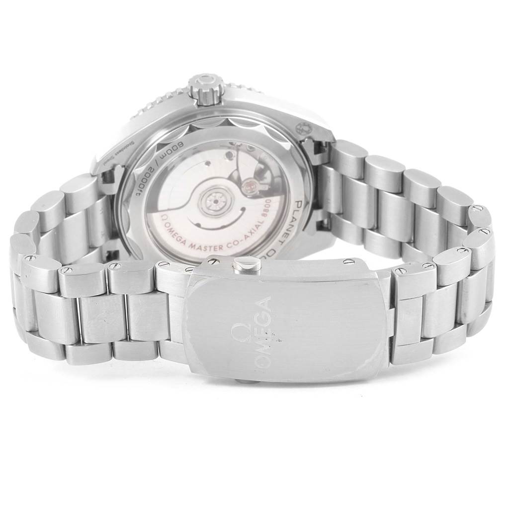 The image shows the back view of an Omega Planet Ocean 215.30.40.20.01.001 Men's Stainless Steel Black Dial 215.30.40.20.01.001 Men's Stainless Steel Black Dial watch, highlighting its open case back and stainless steel bracelet.